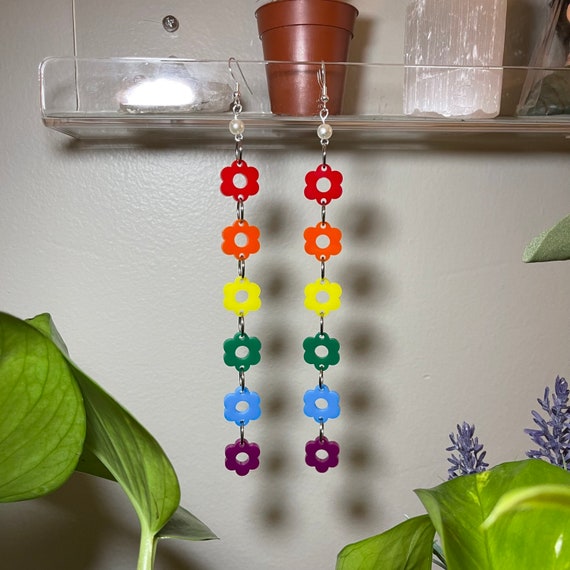 Rainbow String of Flower Floral Earrings Hypoallergenic Handmade