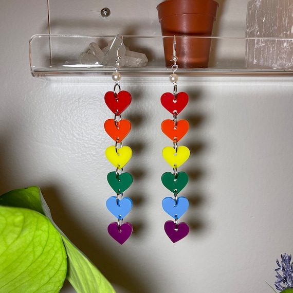 Rainbow String of Heart Earrings Hypoallergenic Handmade