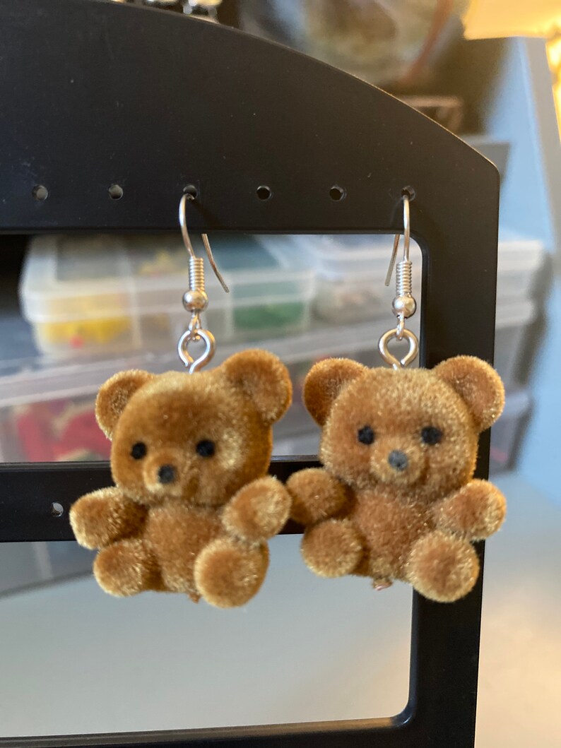 Fuzzy Brown Teddy Bear Earrings Bear Earrings Flocked Bear | Etsy