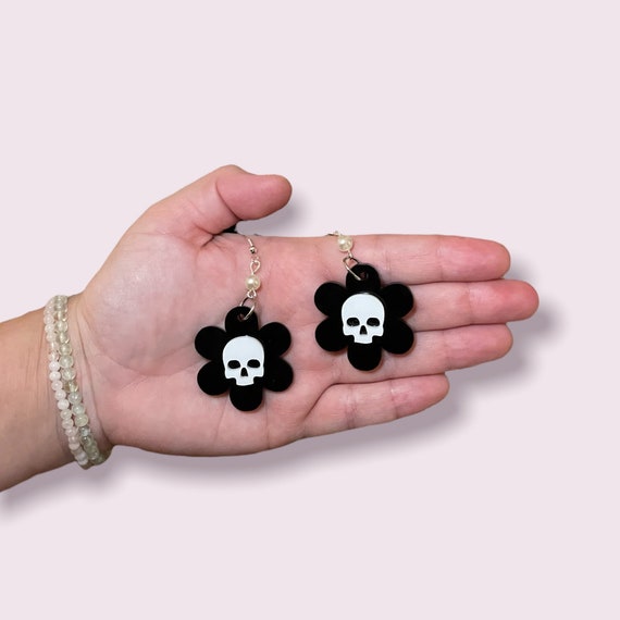 Black Flower Skull Earrings Hypoallergenic Handmade