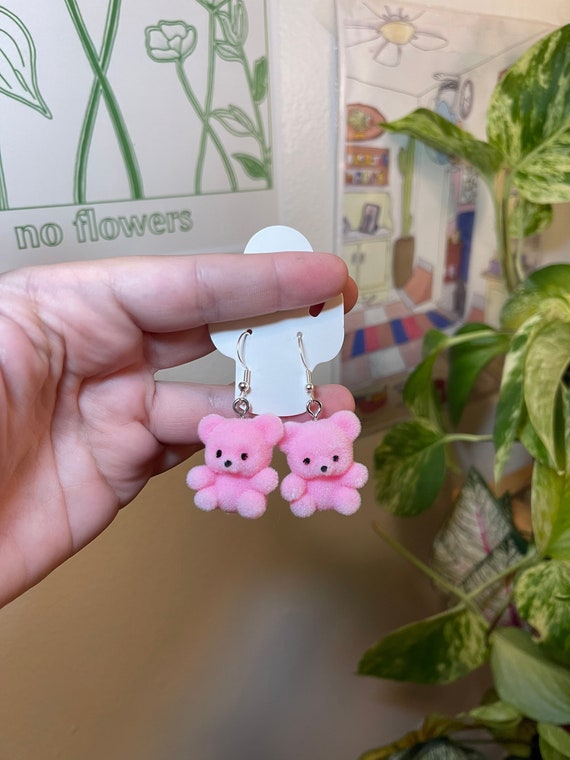 Fuzzy Pastel Pink Teddy Bear Earrings, Bear Earrings, Pastel, Flocked Bear Earrings