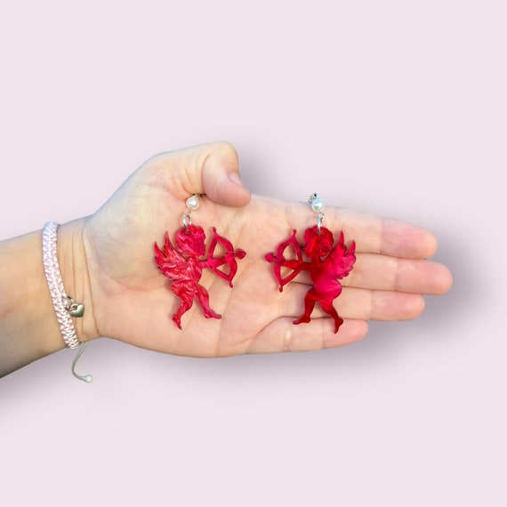 Ruby Wavy Red Cupid Valentine’s Earrings Handmade Hypoallergenic Lightweight