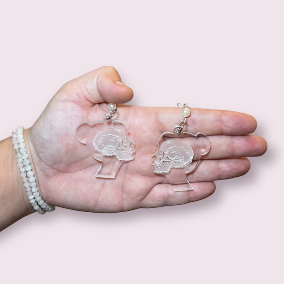 Clear Skull Portrait Head Earrings Hypoallergenic Handmade Recycled Material