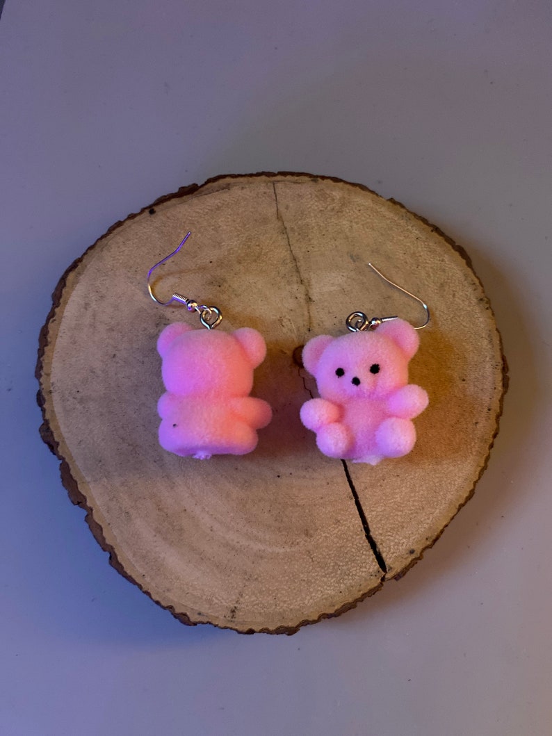 Fuzzy Pink Teddy Bear Earrings Bear Earrings Pastel Flocked Etsy
