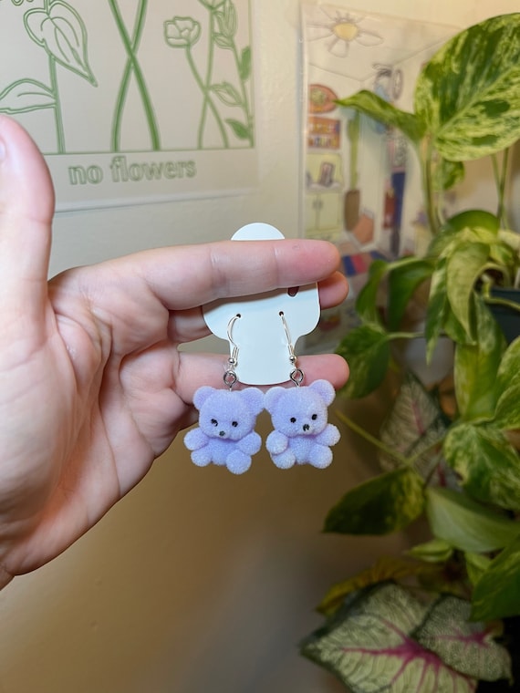 Fuzzy Purple Lavender Teddy Bear Earrings, Bear Earrings, Pastel, Flocked Bear Earrings