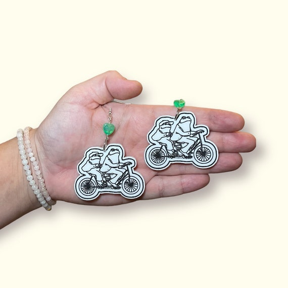 Frog and Toad Bike Earrings Hypoallergenic Handmade Laser Engraved