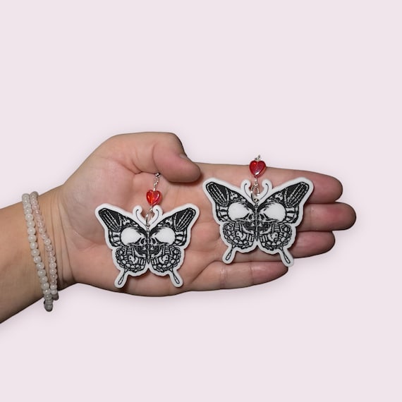 Butterfly Skeleton Skull Earrings Hypoallergenic Handmade
