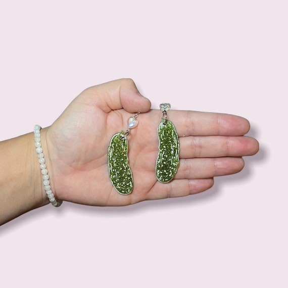 Sparkly Glittery Green Pickle Food Earrings Hypoallergenic Handmade