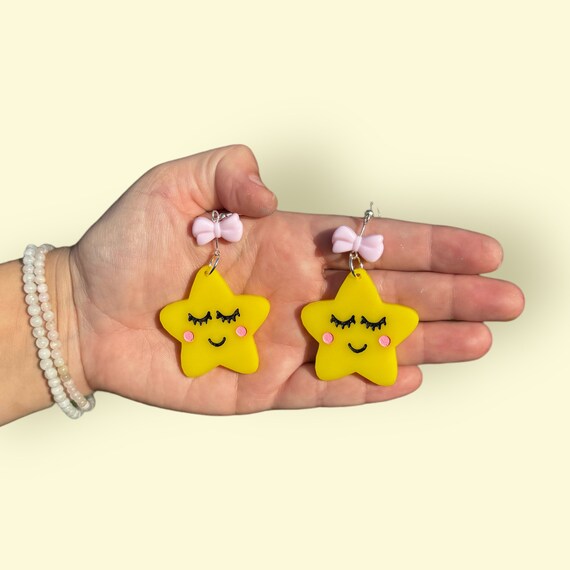 Cute Kawaii Sleeping Star Earrings Handmade Hypoallergenic Lightweight