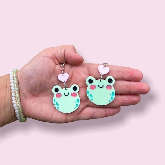 Cute Kawaii Pastel Frog Froggy Heart Earrings Hypoallergenic Handmade Laser Engraved