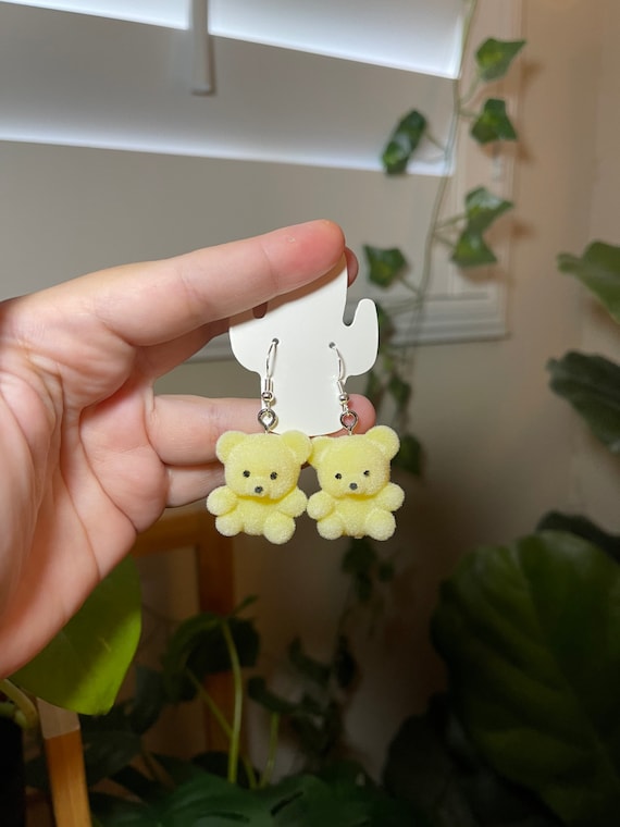 Fuzzy Yellow Teddy Bear Earrings, Bear Earrings, Pastel, Flocked Bear Earrings Hypoallergenic Handmade
