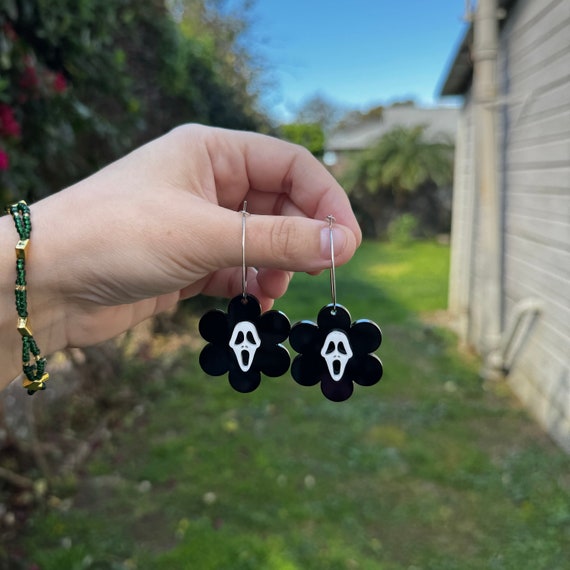 Ghost Killer Horror Flower Hoop Earrings Handmade Hypoallergenic Lightweight