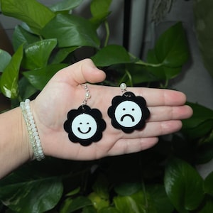 Black and White Happy Sad Face Flower Earrings Hypoallergenic Handmade