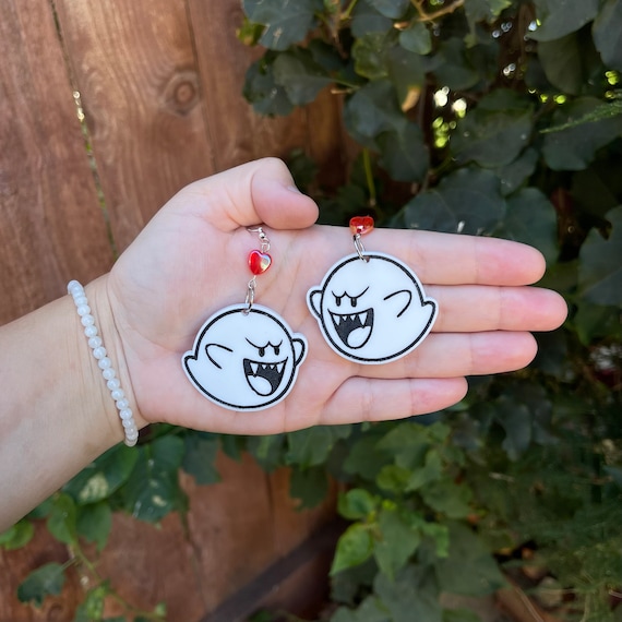 Boo Mario Ghost Earrings Hypoallergenic Handmade Laser Engraved