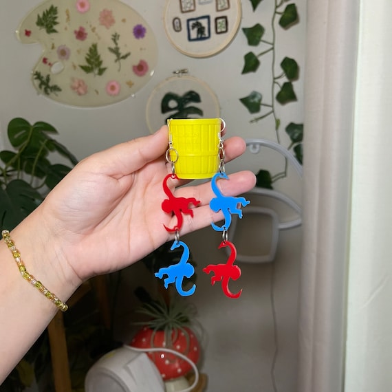 Dangly Mismatch Blue Red Monkey in Barrel Earrings Handmade Hypoallergenic Lightweight