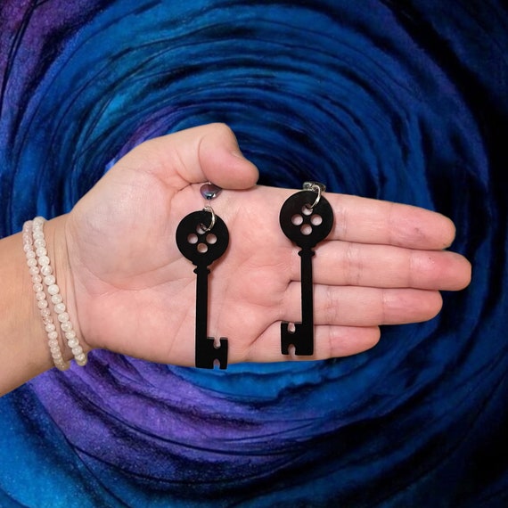 Black Coraline Key Earrings Hypoallergenic Handmade