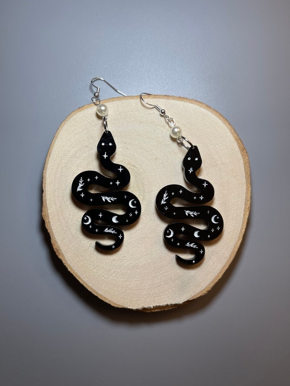 Black Lunar Star Snake Earrings Hypoallergenic Handmade
