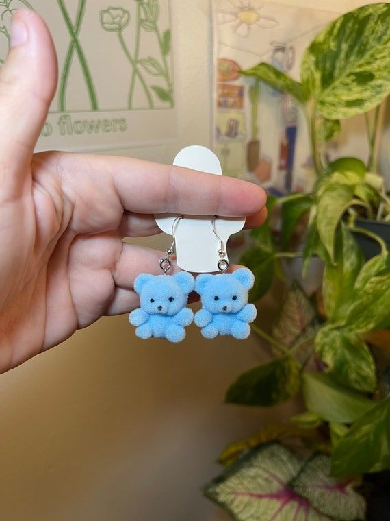 Fuzzy Pastel Baby Blue Teddy Bear Earrings, Bear Earrings, Pastel, Flocked Bear Earrings Hypoallergenic Handmade