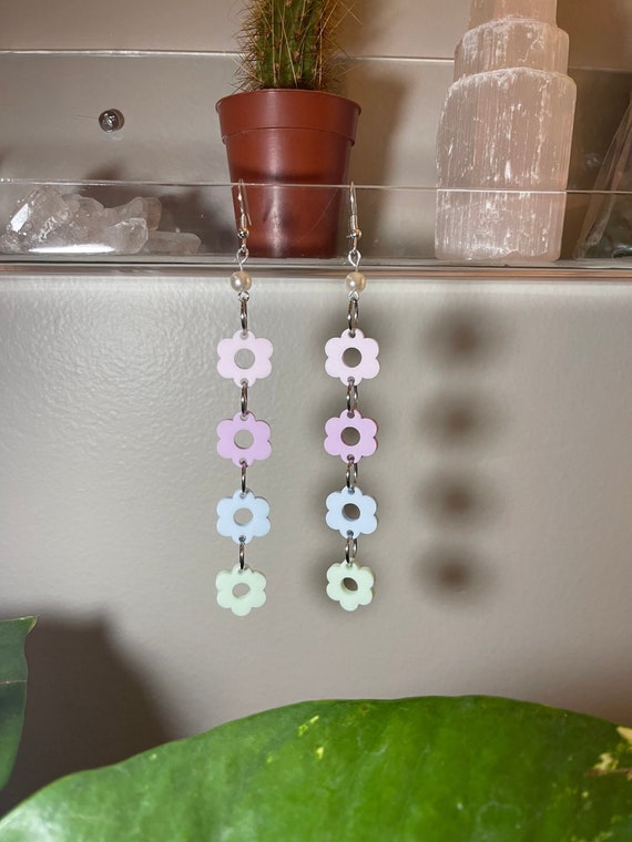 Pastel Rainbow String of Flower Floral Earrings Hypoallergenic Handmade