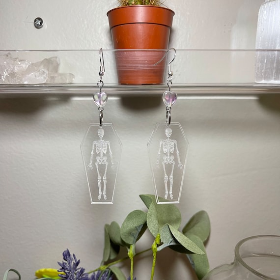 Clear Skeleton Coffin Earrings Hypoallergenic Handmade