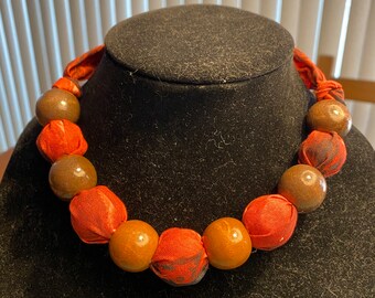 17” Red Fabric and Wooden Bead Choker