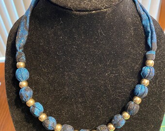 Blue and Gold Fabric Bead Necklace