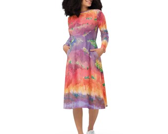 All-over Grand Canyon Watercolor print long sleeve midi dress