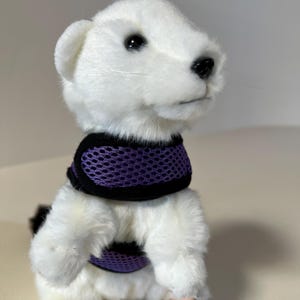 May include: A plush white ferret toy with a black and purple mesh harness. The ferret has black eyes, a black nose, and pink paws. The toy is sitting upright, with its head turned slightly to the side.