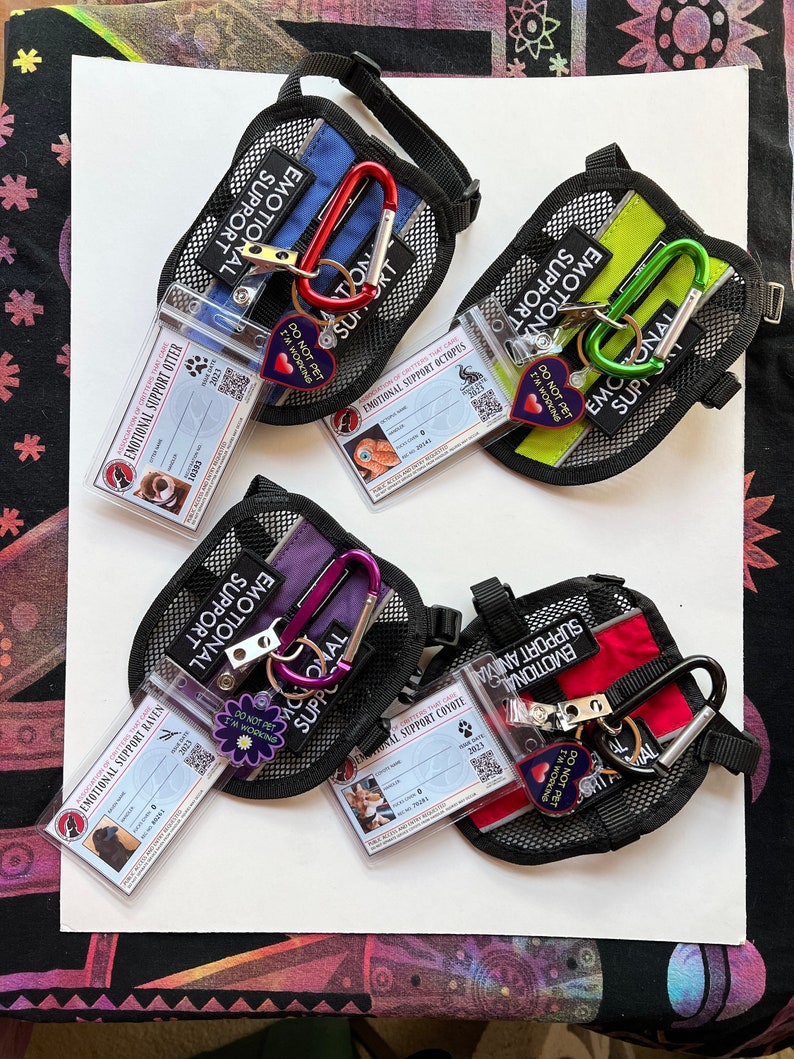 May include: Four black mesh dog vests with different colored panels, each with a metal clip and a tag that reads "Emotional Support Animal". The tags also have a small heart-shaped tag that reads "Do Not Pet I'm Working".