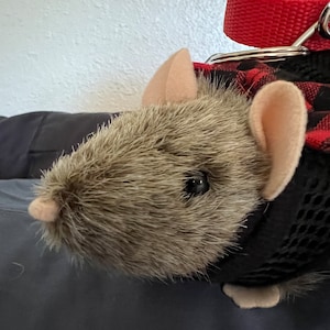 May include: A plush toy mouse with gray fur, pink ears, and a pink nose. The mouse wears a black mesh harness with a red and black plaid pattern and a red leash.