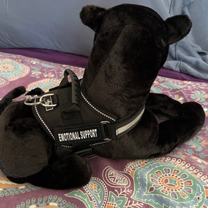 May include: Black plush dog wearing a black harness with the words "Emotional Support" printed on it. The dog is lying on a purple and green patterned bedspread.