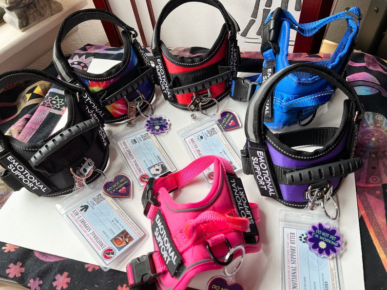 May include: Five different dog harnesses with the text "Emotional Support" on them. Each harness is a different color: black, red, blue, purple, and pink. Each harness has a tag attached to it with the text "Do Not Pet I'm Working" or "Emotional Support Animal".