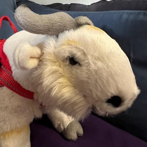 May include: A white plush goat with a red harness. The goat has a gray horn and a light brown patch on its face.
