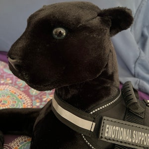 May include: Black plush toy dog wearing a black harness with a white reflective strip and the text "EMOTIONAL SUPPORT" on it.