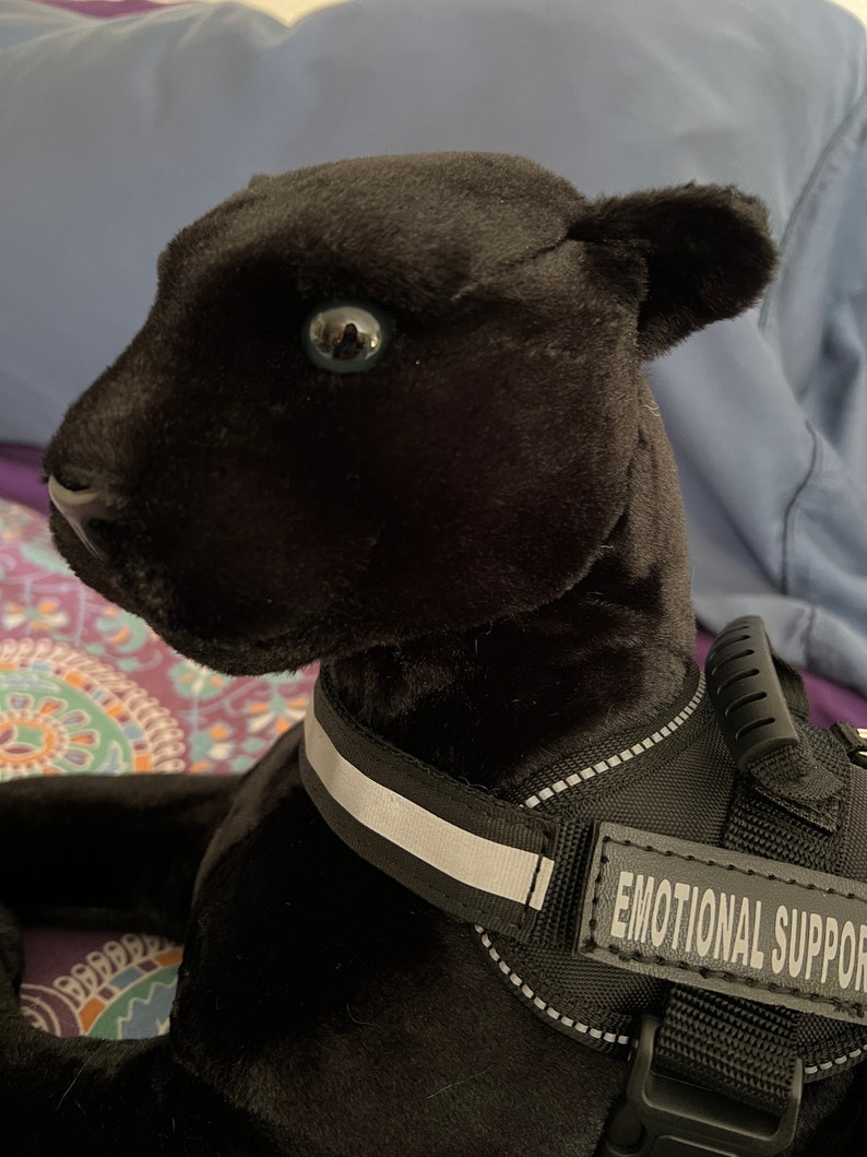 May include: Black plush toy dog wearing a black harness with a white reflective strip and the text "EMOTIONAL SUPPORT" on it.