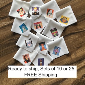 May include: White handkerchiefs with colorful cartoon images of various characters. The handkerchiefs are arranged on a wooden surface. The text "Ready to ship, Sets of 10 or 25" is visible in the image.