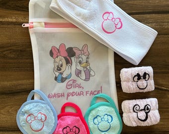Deluxe Spa Set: Terry Headband, Wrist Cuffs, Mini Face Cloths & Wash Bag for Disney cruise, bachelorette