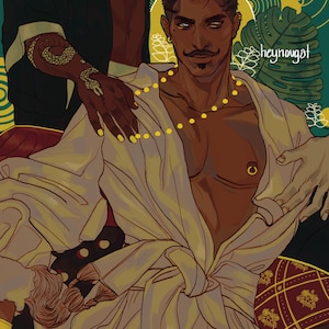 May include: Digital illustration of a dark-skinned person with a mustache and a gold necklace. The person is wearing a white robe and has a gold piercing. A snake tattoo is visible on the arm of another person. The background is green and gold.
