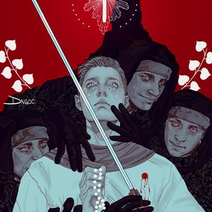 May include: Illustration with a red background featuring a figure in a white tunic, holding a sword and a string of beads. Dark figures surround the central person, with a cross in the background. The artwork has a dramatic, religious theme.