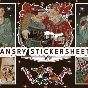 May include: A sticker sheet with illustrations of two people embracing, surrounded by flowers and foliage. The text "HANSRY STICKERSHEET!" is displayed across the bottom. The color palette includes greens, reds, and browns.