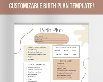 Birth plan template|Birth plan|Birth plan template editable|Visual birth plan|Birth preferences template|Customizable birth plan