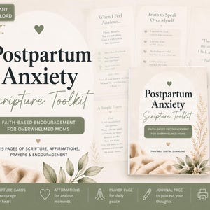 Peut inclure: Téléchargement numérique "Postpartum Anxiety Scripture Toolkit" avec une palette de couleurs douces et neutres. Le design comprend du texte, des illustrations botaniques et des cartes avec des affirmations et des prières. Le kit est pour les mères dépassées.