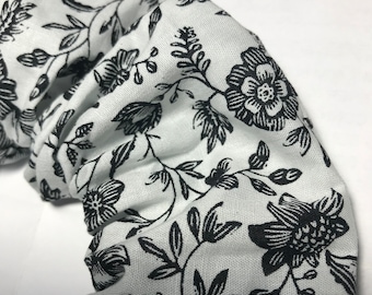 Handmade Hair Scrunchie 100% Cotton Black on White Floral print bobble