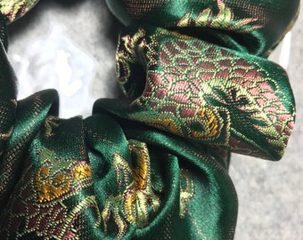 Handmade Hair Scrunchie Oriental, Chinese style satin dragon embroidery Bottle Green, bobble