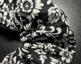 Handmade Hair Scrunchie 100% Cotton Black and White Floral Bloom print bobble