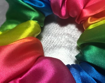 Handmade Hair Scrunchie Satin feel Rainbow Colours Scrunchie, bobble
