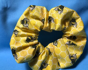 Handmade Hair Scrunchie 100% Cotton Honey Bee on yellow honey comb print bobble