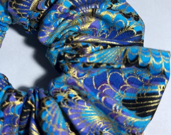 Handmade Hair Scrunchie Cotton Japanese Kimono style print in blues, purples, black and gold gilded detail, bobble.