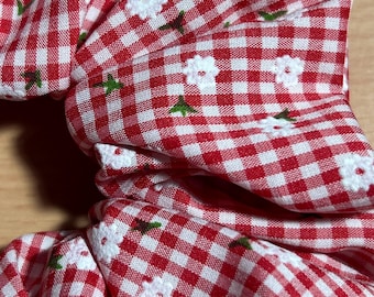 Handmade Hair Scrunchie, red and white small gingham check with ditsy daisy print, bobble