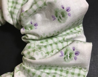 Handmade Hair Scrunchie Sage and white gingham and scallop lace and lavender flower print